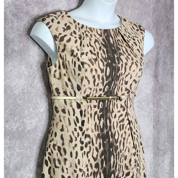 Calvin Klein‎ Sheath Dress Size 8 Brown Leopard Animal Print Belted Sleeveless - Picture 6 of 12